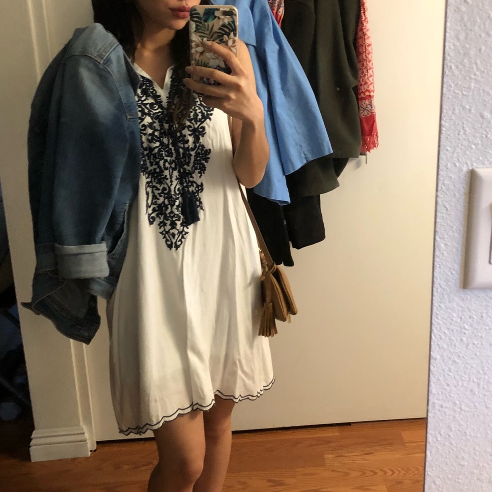 White tank top dress with blue embellishments